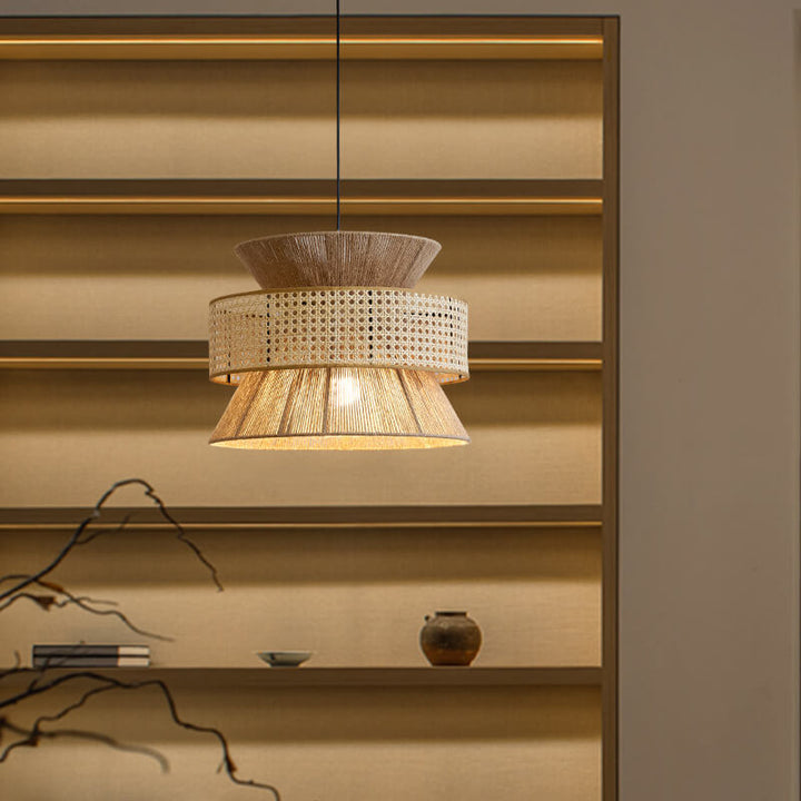 Lámpara colgante de 1 luz con pantalla redonda tejida de cuerda de cáñamo de ratán vintage tradicional Zen para sala de estar 
