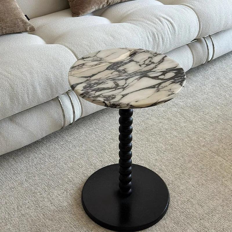 Table basse moderne minimaliste en bois de marbre avec base en corde de perles ronde pour salon 