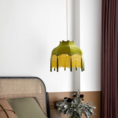 French Vintage Fabric Tassel Lampshade Brass 1-Light Pendant Light