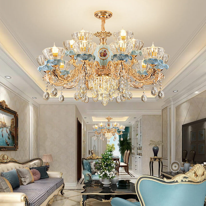 Traditional European Flower Candelabra Zinc Alloy Crystal Glass Ceramic 6/8/10/12-Light Chandelier For Living Room