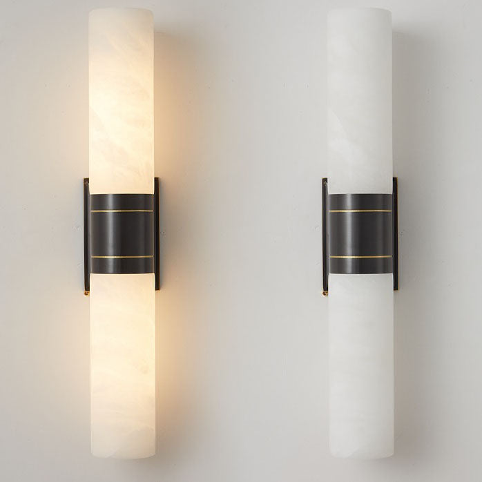 Traditionelle chinesische Vollkupfer-Marmor-Zylinderschirm-2-Licht-Wandleuchterlampe für Wohnzimmer 