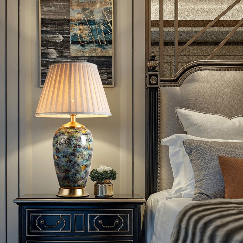 Lampe de Table Moderne en Céramique avec Abat-Jour Plissé Octogonal en Tissu de Luxe pour Chambre à Coucher, 1 Lumière 