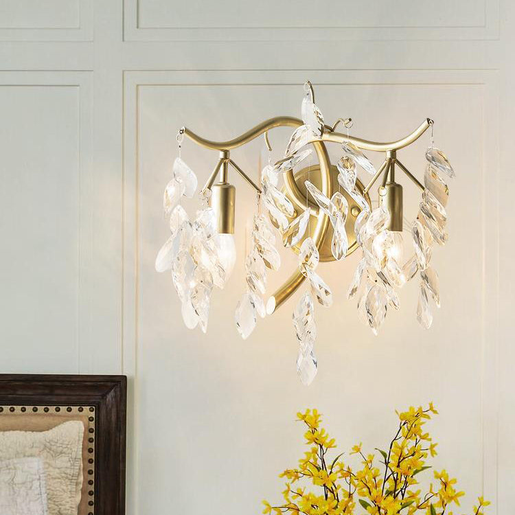 Traditionelle französische Blatt Eisen Kupfer Kristall 2-Licht Wandleuchte Lampe für Wohnzimmer 