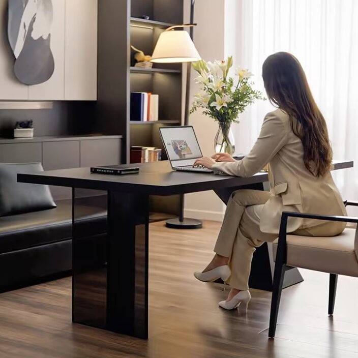 Bureau rectangulaire moderne minimaliste en chêne et acrylique avec charge sans fil et prise pour chambre et bureau à domicile 