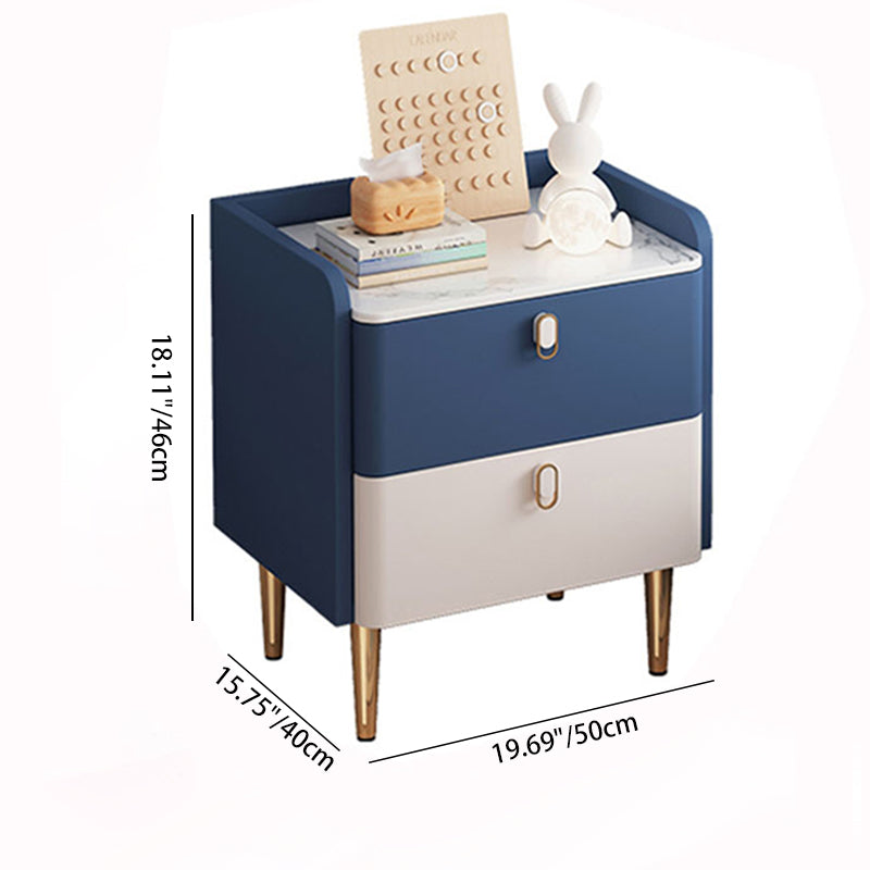 Table de chevet moderne de luxe rectangulaire en bois massif avec plateau en pierre et cuir microfibre à 2 tiroirs pour chambre 