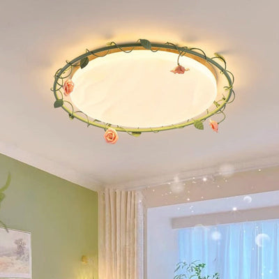 Contemporary Creative Round Square Rose Leaf Iron Rubberwood Acrylic LED Flush Mount Ceiling Light For Bedroom