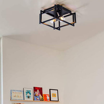 Zeitgenössische industrielle quadratische Eisen 2-Licht Halbbündige Deckenleuchte für Wohnzimmer 