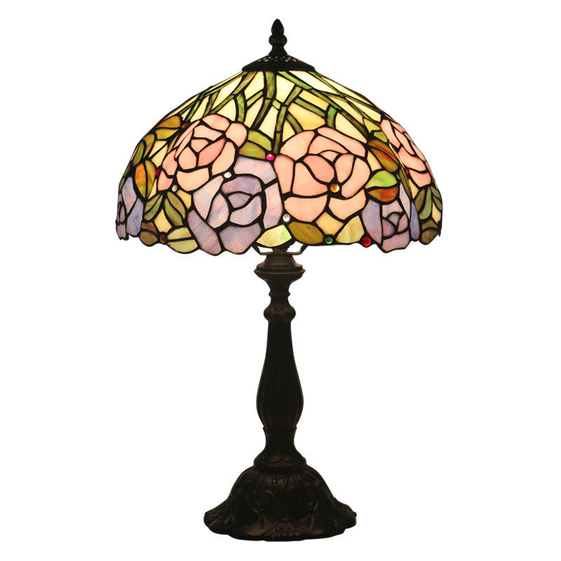 Traditionelle Tiffany Rose Blume Buntglas Kuppel 1-Licht Tischlampe für Schlafzimmer 