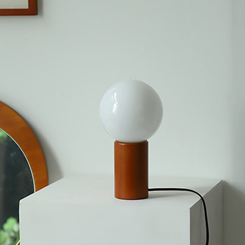Lampe de table moderne minimaliste en verre cylindre boule ronde en bois massif à 1 lumière pour chambre 