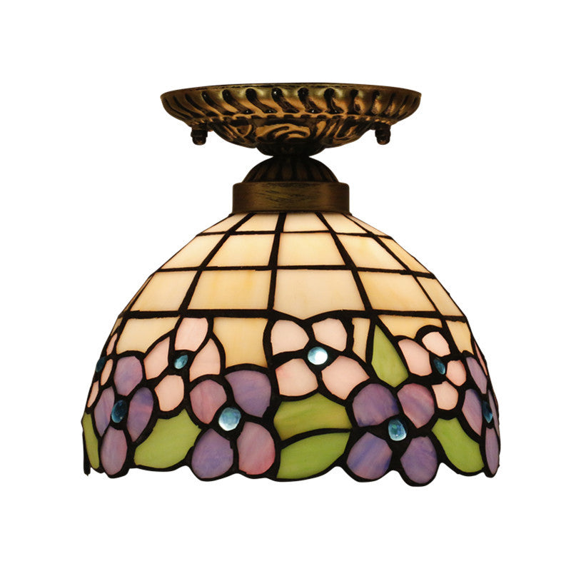 Traditionelle, pastorale Tiffany-Deckenleuchte mit violetter Blume und Buntglas in Schalenform mit einer Lampe und halbbündiger Montage für das Wohnzimmer 