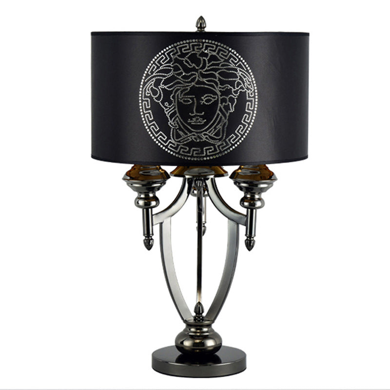 Lampe de table à 3 lumières en tissu rétro contemporain avec cylindre en marbre et fer pour étude 