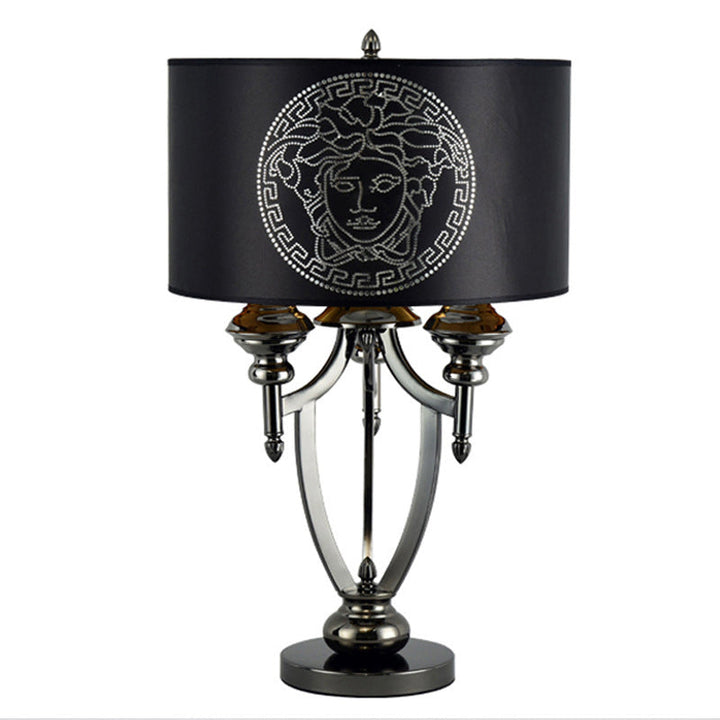 Lampe de table à 3 lumières en tissu rétro contemporain avec cylindre en marbre et fer pour étude 