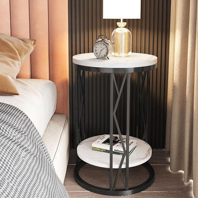 Mesa de Centro Moderna de Lujo Redonda con Tapa de Hierro y Estante de Roca para Sala de Estar 