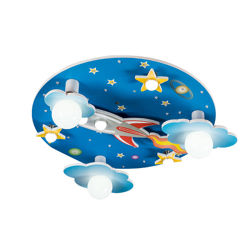 Moderna lámpara de techo LED de estilo Art Deco para niños con cohete redondo de madera y plástico y cielo estrellado para dormitorio 