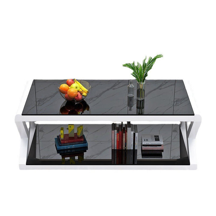 Table basse moderne en verre renforcé rectangulaire en acier à 2 niveaux pour salon 