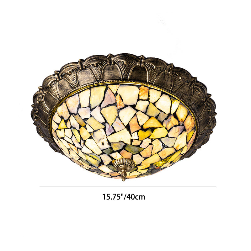 Traditional Rustic Round Dome Iron Stained Glass LED Flush Mount Ceiling Light For Living Room