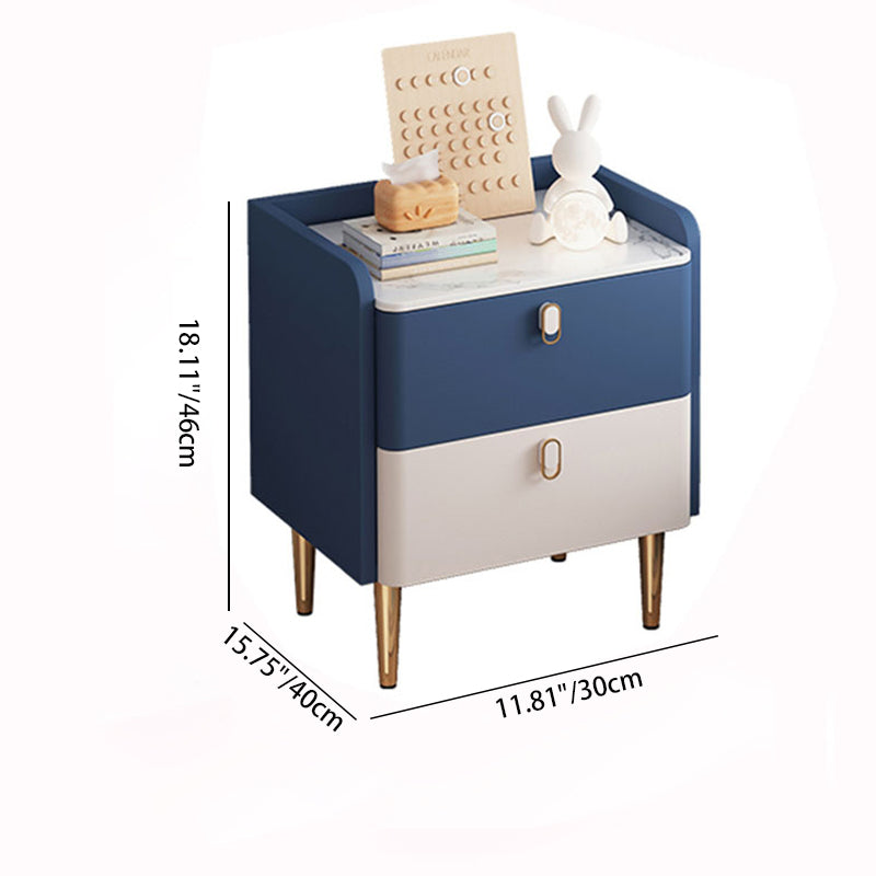 Table de chevet moderne de luxe rectangulaire en bois massif avec plateau en pierre et cuir microfibre à 2 tiroirs pour chambre 