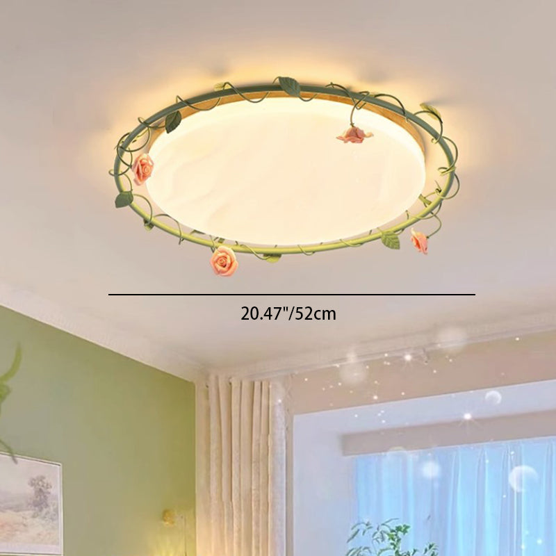 Contemporary Creative Round Square Rose Leaf Iron Rubberwood Acrylic LED Flush Mount Ceiling Light For Bedroom