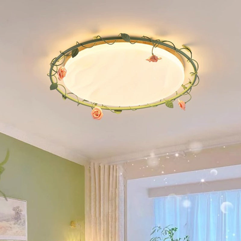 Contemporary Creative Round Square Rose Leaf Iron Rubberwood Acrylic LED Flush Mount Ceiling Light For Bedroom