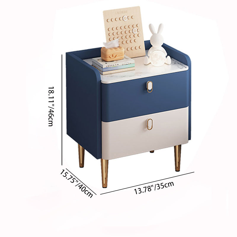 Table de chevet moderne de luxe rectangulaire en bois massif avec plateau en pierre et cuir microfibre à 2 tiroirs pour chambre 