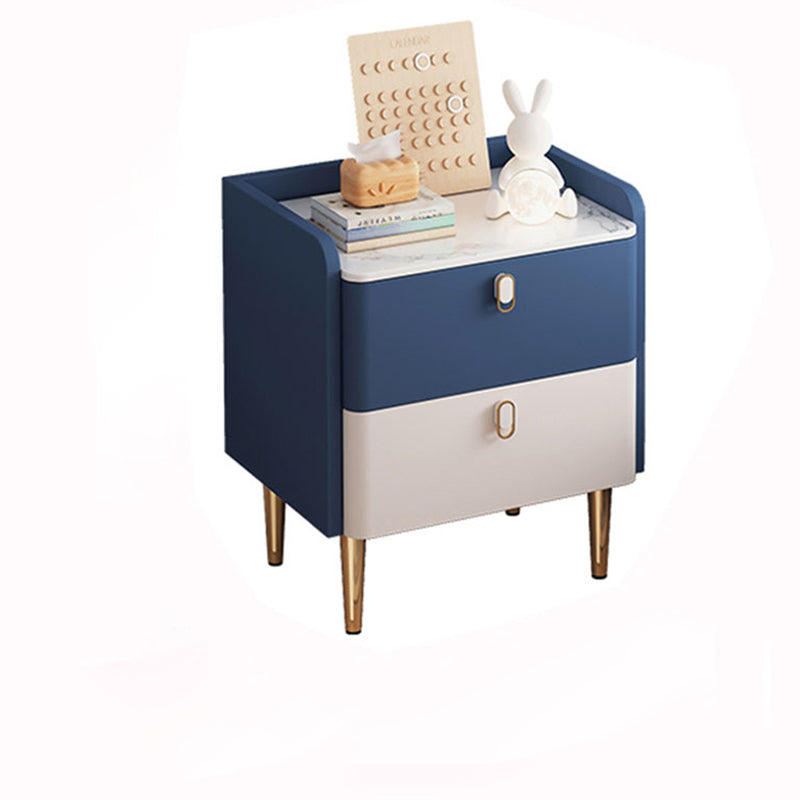 Table de chevet moderne de luxe rectangulaire en bois massif avec plateau en pierre et cuir microfibre à 2 tiroirs pour chambre 