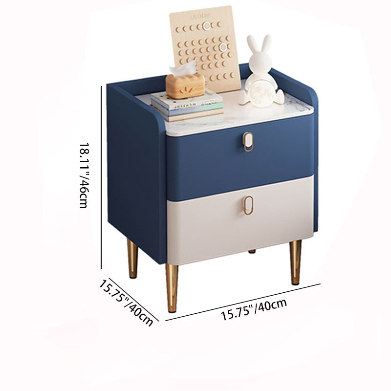 Table de chevet moderne de luxe rectangulaire en bois massif avec plateau en pierre et cuir microfibre à 2 tiroirs pour chambre 