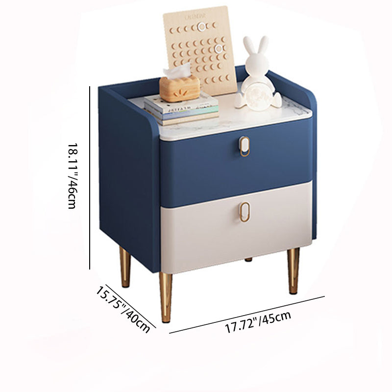Table de chevet moderne de luxe rectangulaire en bois massif avec plateau en pierre et cuir microfibre à 2 tiroirs pour chambre 