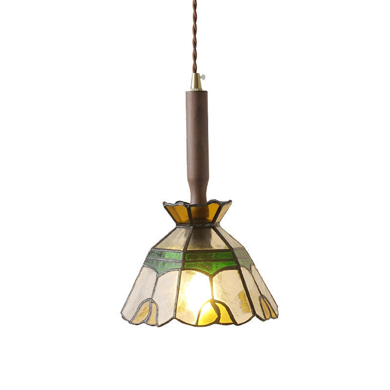 Traditionelle Vintage Blumenform Holz Glas 1-Licht Pendelleuchte für Wohnzimmer 
