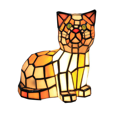 Lámpara de mesa de 1 luz con diseño de gato de vidrio Tiffany tradicional para dormitorio 