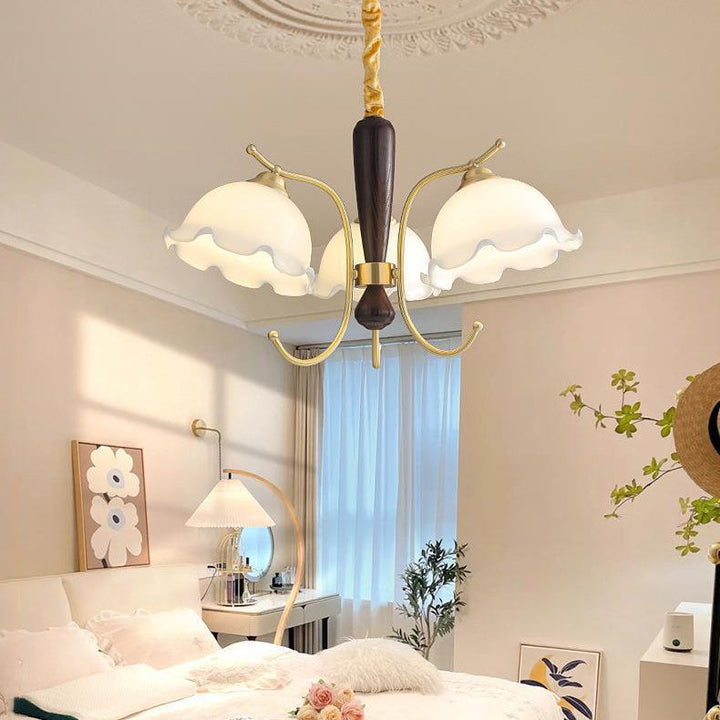 Traditioneller Vintage-Kronleuchter mit Blumenmuster aus Kupfer und Holz, Glas, 3/5 Lichter, für Wohnzimmer 