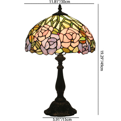 Traditionelle Tiffany Rose Blume Buntglas Kuppel 1-Licht Tischlampe für Schlafzimmer 