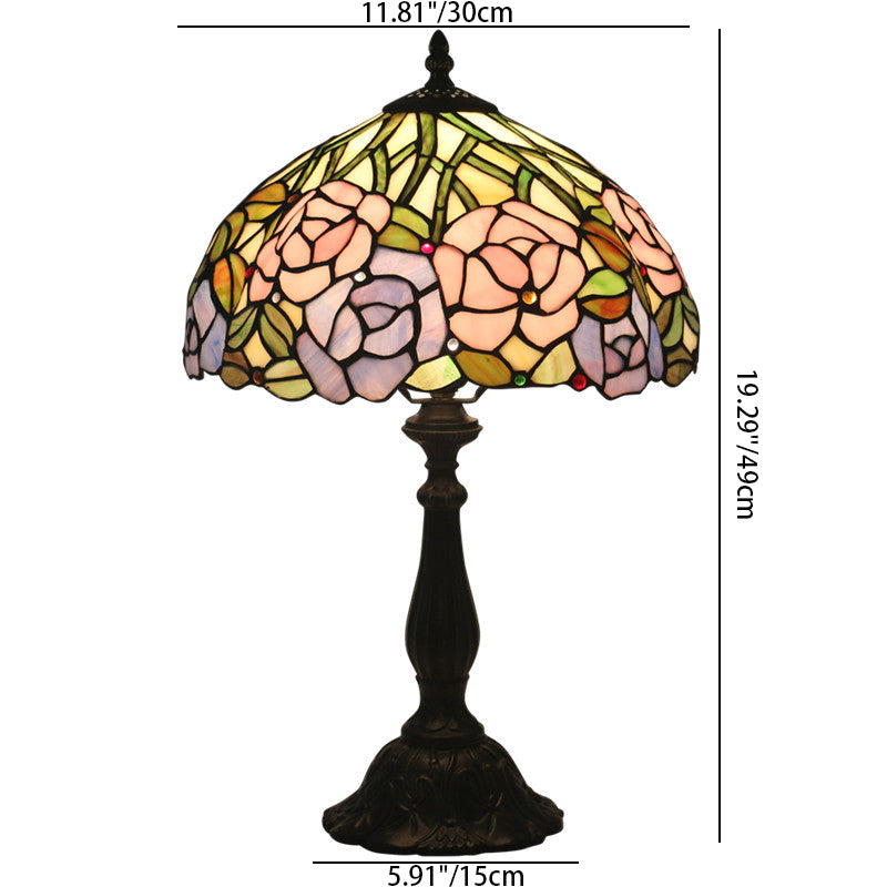 Traditionelle Tiffany Rose Blume Buntglas Kuppel 1-Licht Tischlampe für Schlafzimmer 