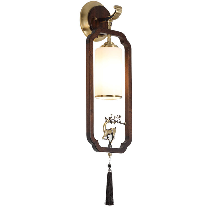 Applique murale traditionnelle en laiton chinois en bois de caoutchouc et verre rectangulaire cylindre avec cerf 1-lumière pour couloir 