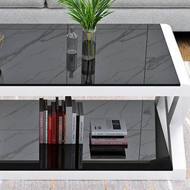 Table basse moderne en verre renforcé rectangulaire en acier à 2 niveaux pour salon 