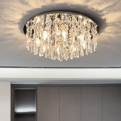 Luxe contemporain Éblouissant chaînes de cristal prismatiques Cadre rond en acier inoxydable Plafonnier encastré à 2/6/8 lumières pour salon 