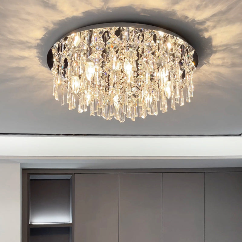 Luxe contemporain Éblouissant chaînes de cristal prismatiques Cadre rond en acier inoxydable Plafonnier encastré à 2/6/8 lumières pour salon 