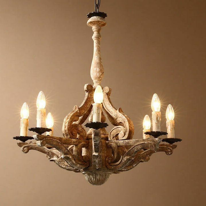 Industrial Vintage Wood Frame Candle Design 8-Light Chandelier