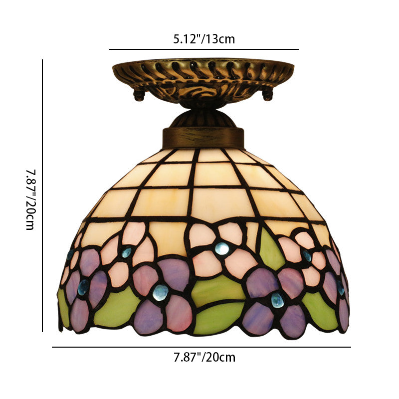 Traditionelle, pastorale Tiffany-Deckenleuchte mit violetter Blume und Buntglas in Schalenform mit einer Lampe und halbbündiger Montage für das Wohnzimmer 