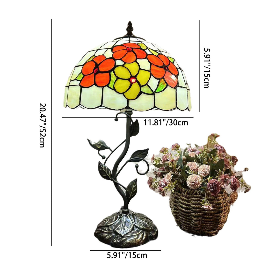 Lampe de table traditionnelle Tiffany en résine avec dôme conique et motif de fleurs et feuilles à 1 lumière pour chevet 
