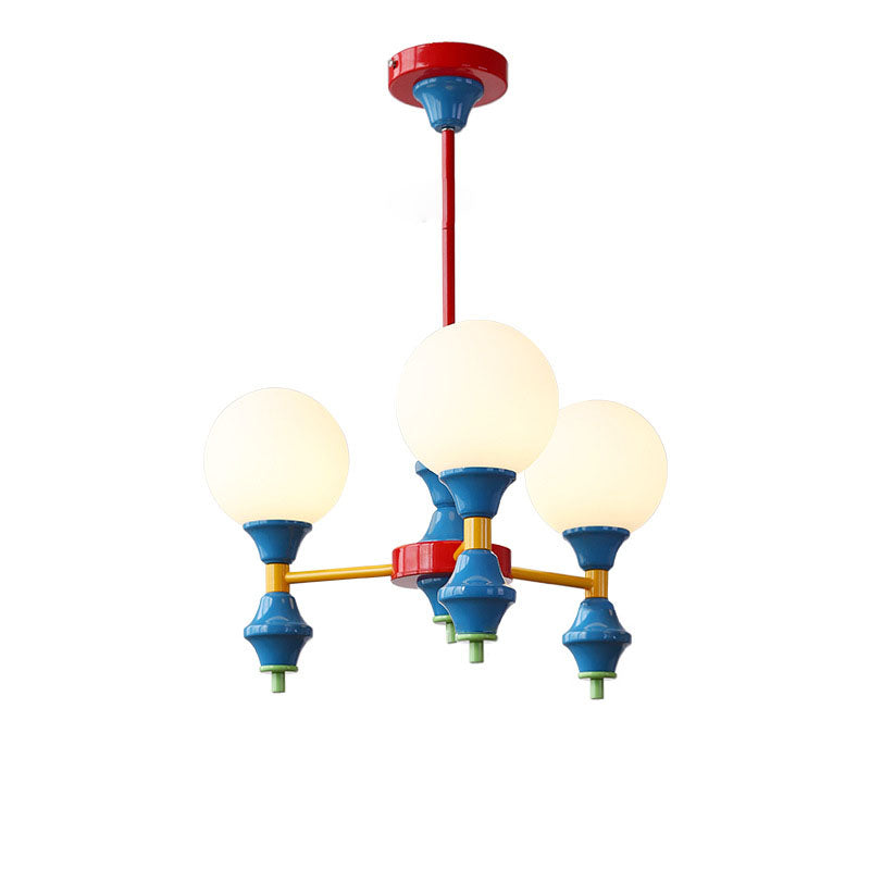 Zeitgenössischer nordischer Kronleuchter mit Eisenrahmen und Glaskugelschirm, 3/5 Lichter, für Wohnzimmer 