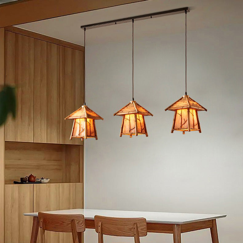 Traditioneller japanischer Harz-Eisen-Kupfer-Haus-Zylinder 1/3 Licht Insel-Licht-Kronleuchter für Esszimmer 