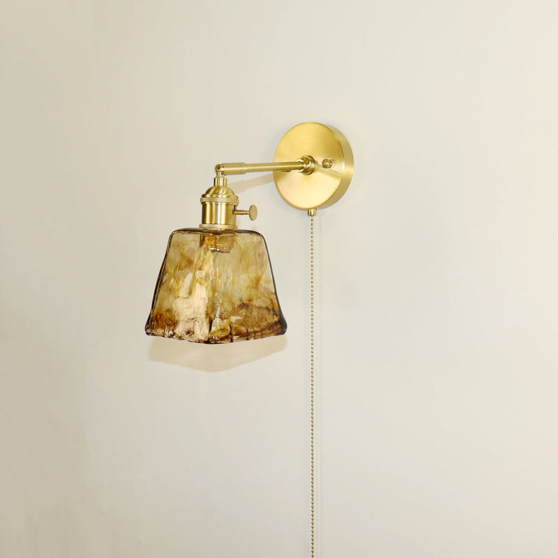 Traditionelle Vintage Messing Bernstein Quadrat Glas Schatten 1-Licht Wand Leuchte Lampe für Wohnzimmer 