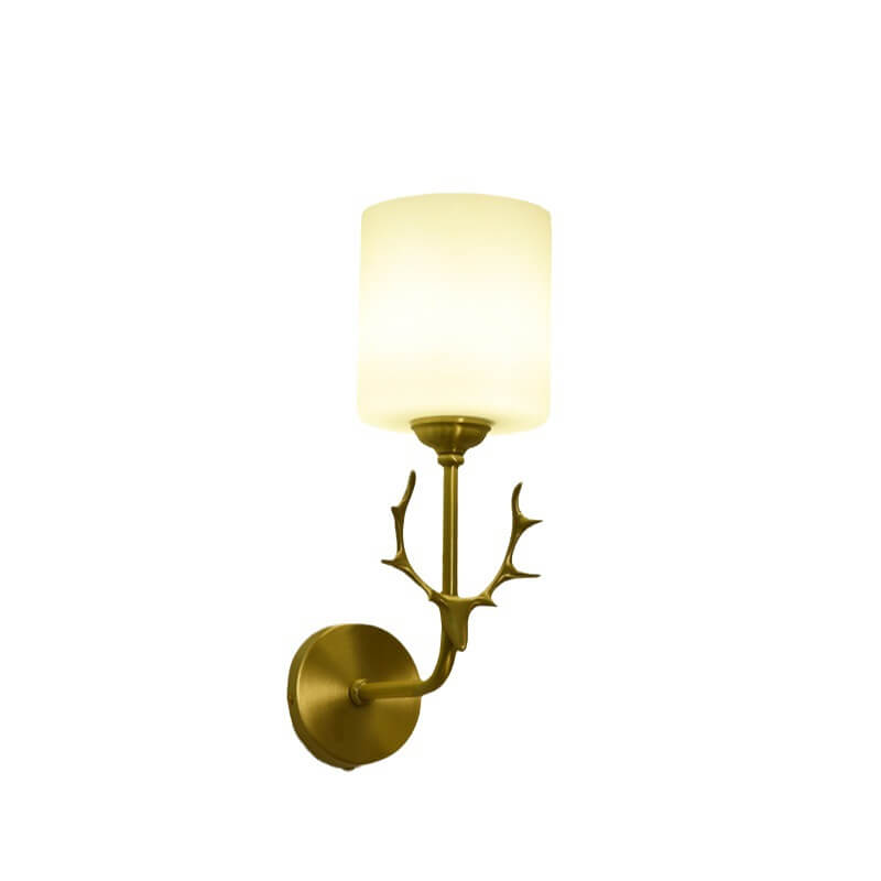 Zeitgenössische skandinavische Glaszylinder-Geweih-Kupfer-1-Licht-Wandleuchterlampe für Wohnzimmer 