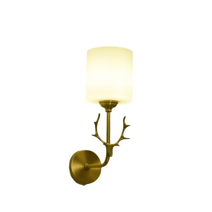 Zeitgenössische skandinavische Glaszylinder-Geweih-Kupfer-1-Licht-Wandleuchterlampe für Wohnzimmer 