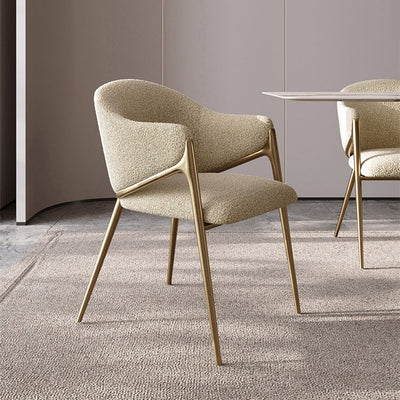 Silla de comedor contemporánea de lujo redonda de lana de cordero con patas de acero inoxidable, respaldo y reposabrazos para comedor 