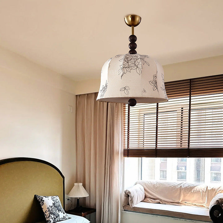 Lámpara colgante de 1 luz de tela floral redonda romántica francesa tradicional de madera y metal para dormitorio 