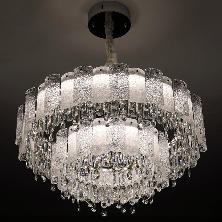 Traditionelle französische runde Ripple-Metallkristallglas-LED-Kronleuchter für Wohnzimmer 