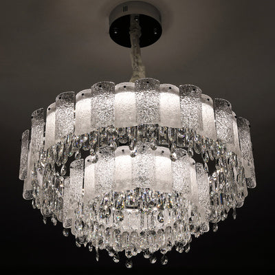 Traditionelle französische runde Ripple-Metallkristallglas-LED-Kronleuchter für Wohnzimmer 