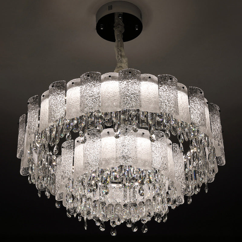 Traditionelle französische runde Ripple-Metallkristallglas-LED-Kronleuchter für Wohnzimmer 