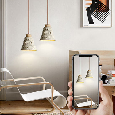 Contemporary Scandinavian Cylinder Cone Cement Solid Wood 1-Light Pendant Light For Living Room